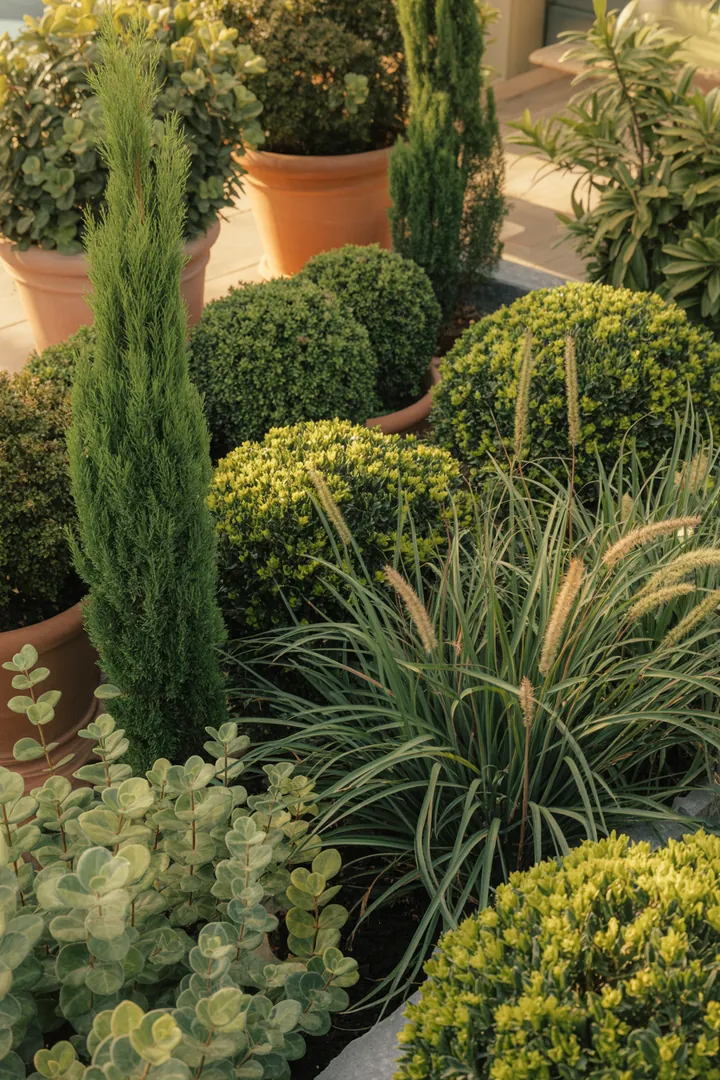 Kompakte, duftende Pflanzen mit immergrünen Eigenschaften und auffälligen Blättern bilden eine harmonische Gartenlandschaft, die ganzjährig für Farbe und Struktur sorgt.