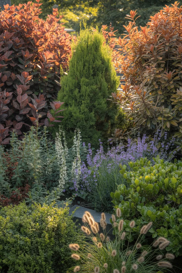 Ein üppiges, farbenfrohes Gartenarrangement mit kompakten, duftenden Pflanzen und immergrünen Sträuchern, die das ganze Jahr über Leben und Farbe bieten.