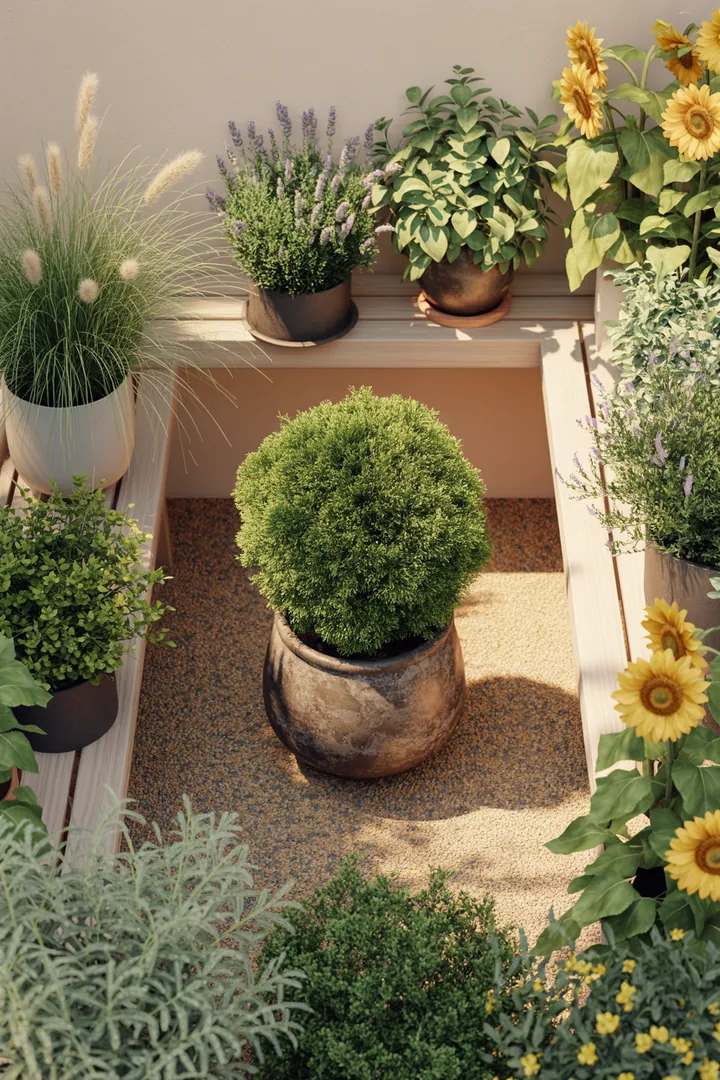 Bunt blühendes Gartenarrangement mit duftenden Pflanzen, darunter immergrüne Formsträucher und pflegeleichte Bodendecker, die durch winterharte Kräuter und farbige Blätter ergänzt werden.