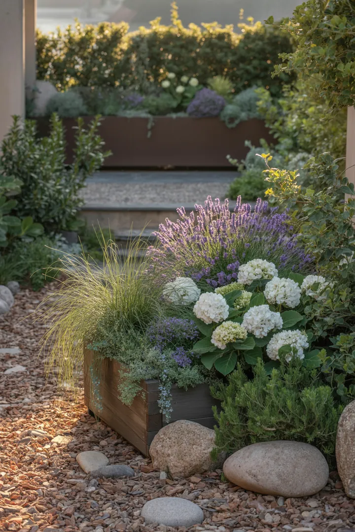 Ein sonniger Garten mit duftenden Pflanzen: immergrüne Formsträucher, pflegeleichte Dickblattgewächse und winterharte Kräuter, umrahmt von bunten Blüten und farbigem Laub.