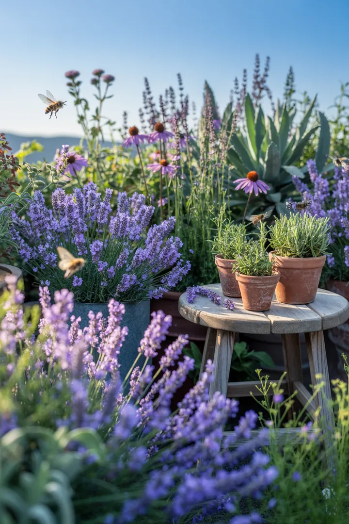 Eine sonnige Gartenlandschaft mit duftenden Pflanzen, darunter immergrüne Formsträucher, pflegeleichte dickblättrige Gewächse und winterharte Kräuter. Bunte Bodendecker und kompakte, frostharte Mini-Koniferen sorgen für ein lebendiges Gesamtbild.
