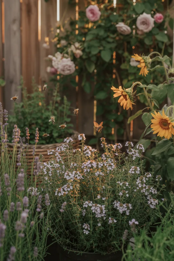 Ein blühendes Gartenarrangement mit duftenden Pflanzen, darunter eine Formpflanze, winterharte Kräuter und kompakte Koniferen. Farbige Blätter und winterblühende Arten schaffen eine lebendige, pflegeleichte Oase.
