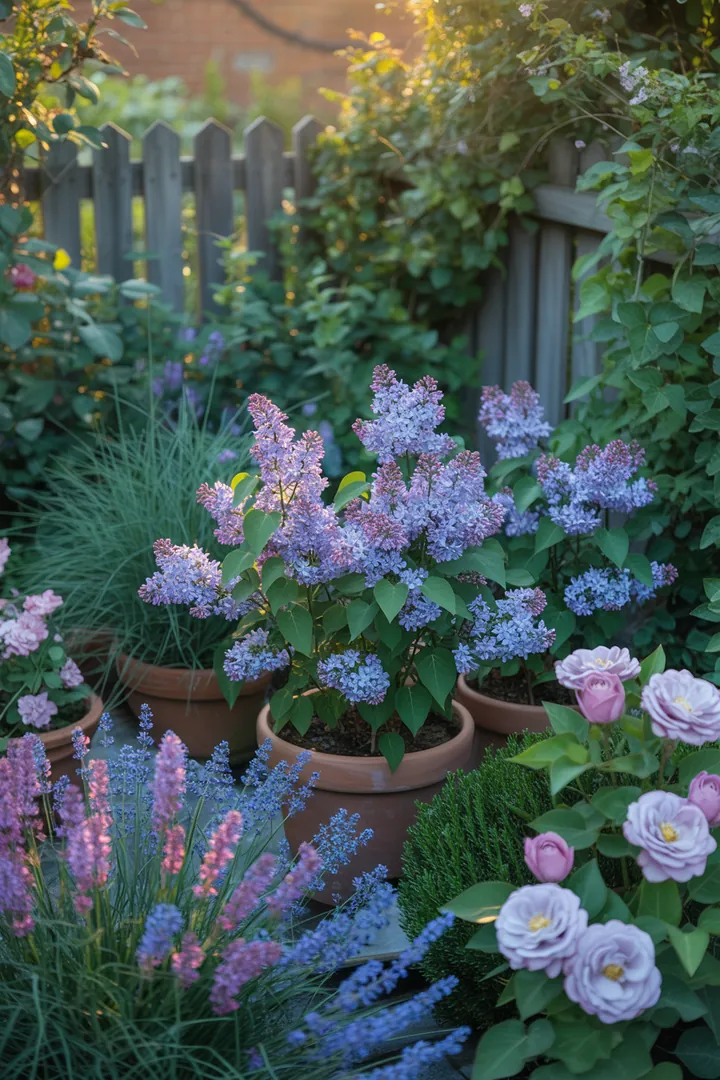 Bunte Gartenlandschaft mit duftenden Pflanzen, darunter immergrüne Formsträucher und pflegeleichte Gewächse. Winterharte Kräuter und farbenfrohe Blüten schaffen ein harmonisches, lebendiges Ambiente.