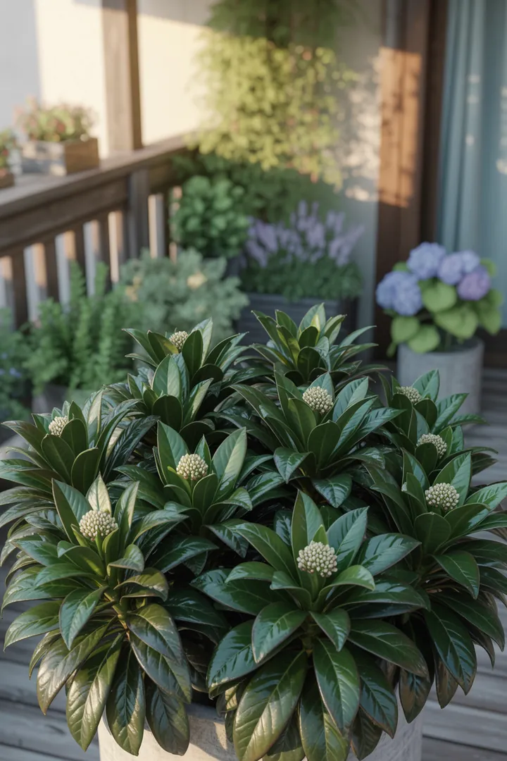 Ein bezaubernder Garten mit duftenden Pflanzen in einer sonnigen Atmosphäre. Immergrüne Formsträucher und pflegeleichte, dickblättrige Gewächse harmonieren mit winterharten Kräutern. Bunte Blüten und farbiges Laub schaffen eine lebendige, natürliche Oase.