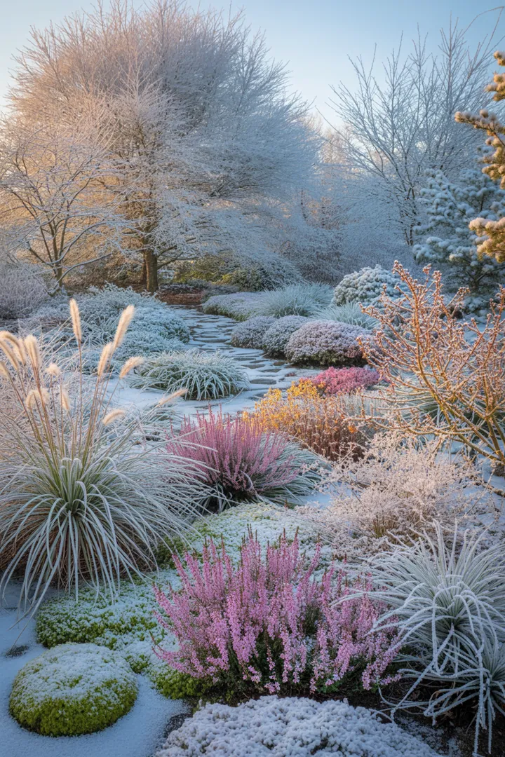 Ein blühender Garten mit duftenden Pflanzen: Lavendel in strahlendem Sonnenschein, immergrüne Formpflanzen und pflegeleichte Dickblättrige. Bunte Bodendecker und winterblühende Schönheiten schaffen eine lebendige, natürliche Atmosphäre.