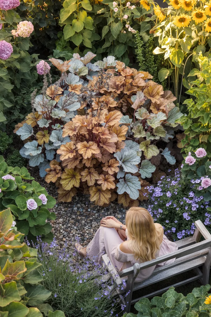 Bunte Gartenlandschaft mit duftenden Pflanzen: Immergrüne Formgehölze, pflegeleichte Dickblattgewächse und winterharte Kräuter schaffen eine lebendige Atmosphäre. Farbiges Laub und blühfreudige Sträucher bringen Freude in sonnigen Ecken.