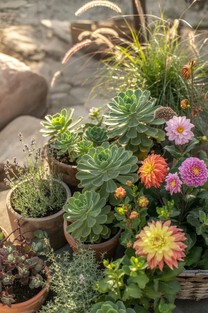 Ein blühender Garten im Sonnenlicht mit duftenden Pflanzen: immergrüne Formsträucher, pflegeleichte dickblättrige Gewächse, winterharte Kräuter und kompakte Koniferen, die harmonisch zusammenwirken.