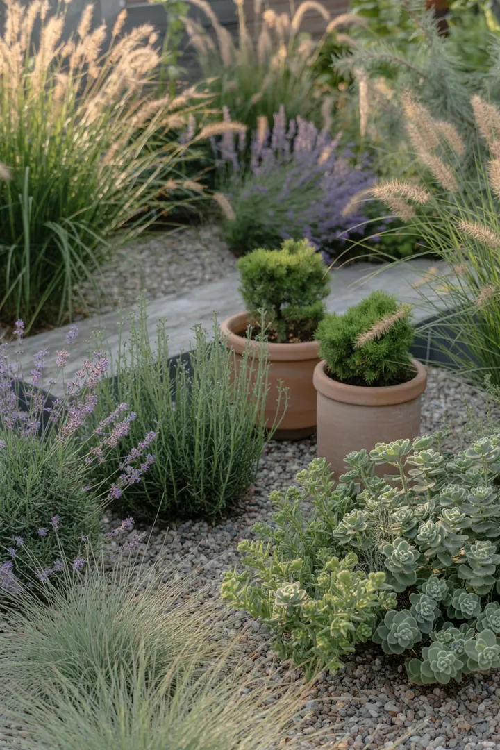 Ein blühendes Gartenarrangement mit duftenden Pflanzen, darunter eine immergrüne Formpflanze, pflegeleichte Dickblättrige und winterharte Kräuter. Farbenfrohes Laub und kompakte, frostharte Gewächse sorgen für lebendige Akzente in der sonnigen Oase.