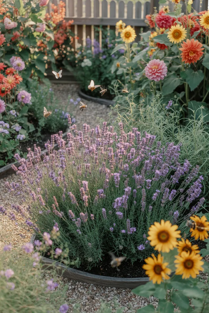 Ein farbenfrohes Gartenarrangement mit duftenden Pflanzen, darunter immergrüne Formsträucher, pflegeleichte dickblättrige Gewächse und winterharte Kräuter. Die Szenerie wird von kleinblühenden Sträuchern und buntem Laub umrahmt, während rankende Pflanzen harmonisch in die Gestaltung integriert sind.