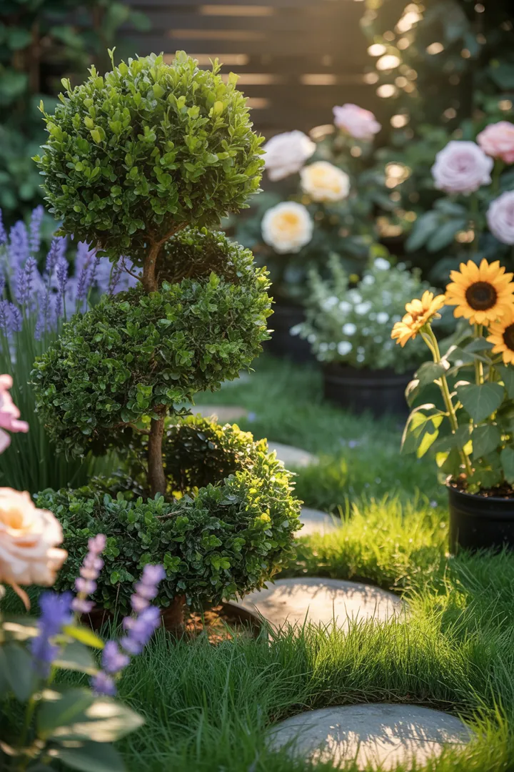 Bunt blühende Gartenlandschaft mit duftenden Pflanzen, darunter eine immergrüne Formpflanze, winterharte Kräuter und kompakte, frostharte Gewächse. Farbiges Laub und winterblühende Akzente schaffen eine lebendige, pflegeleichte Oase.