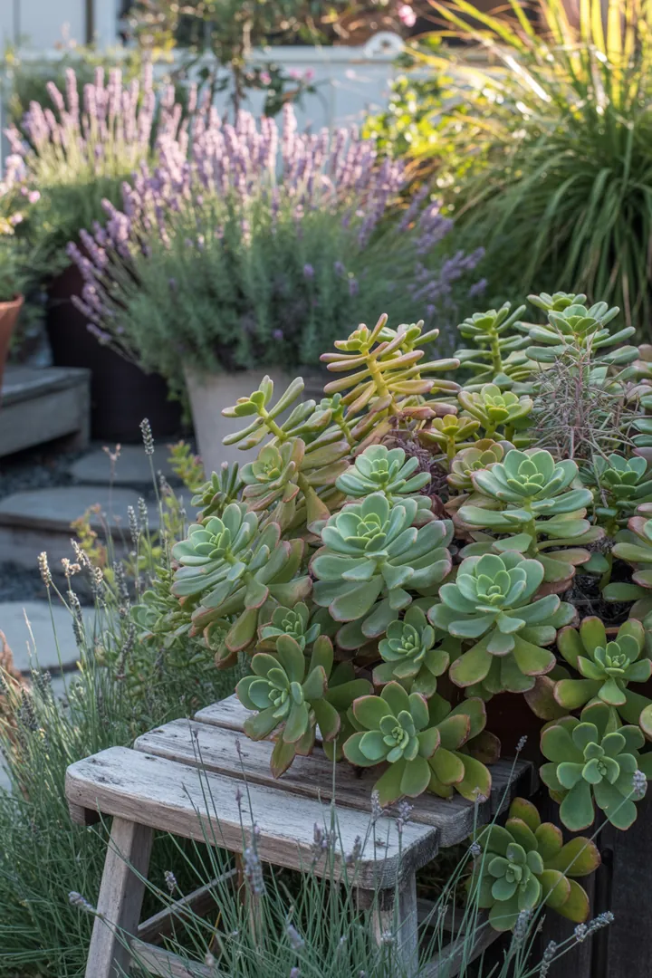 Ein blühender Garten mit duftenden Pflanzen: Immergrüne Formsträucher, pflegeleichte dickblättrige Arten, winterharte Kräuter und bunten Bodendeckern schaffen eine lebendige, sonnige Atmosphäre.