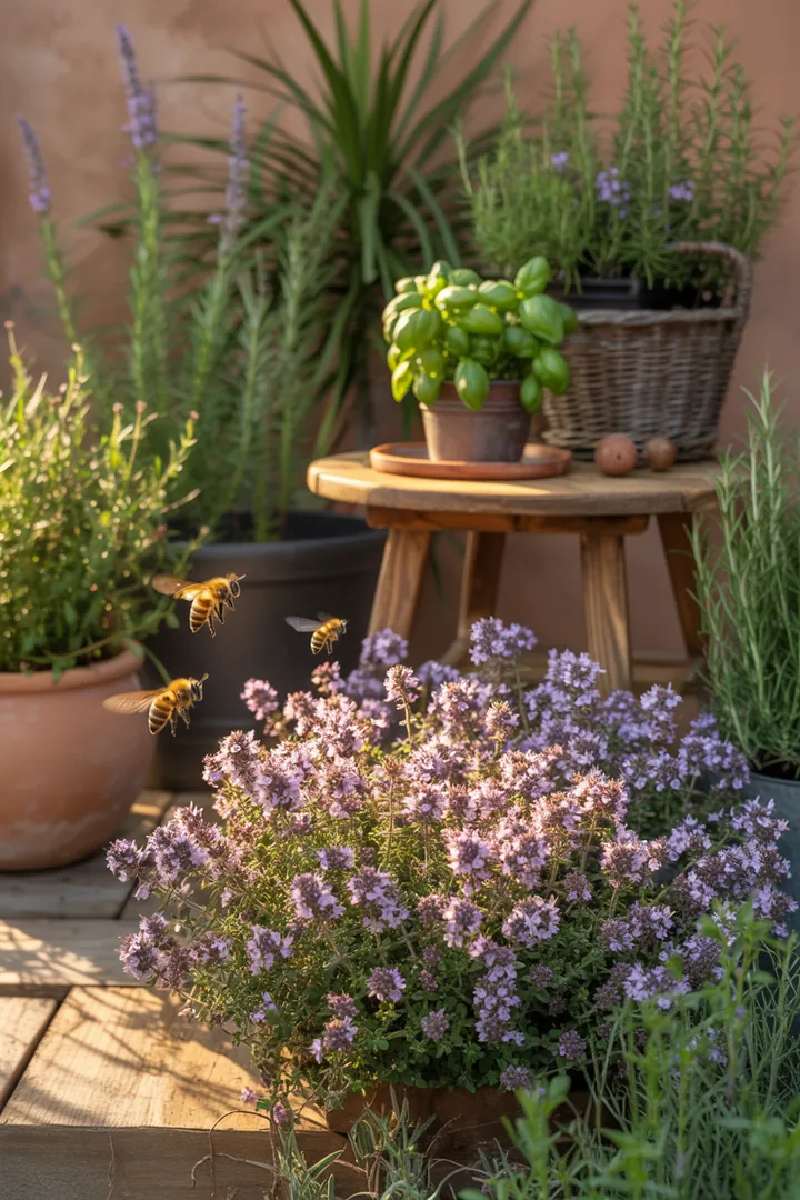 Ein sonniger Garten mit duftenden Pflanzen: immergrüne Formsträucher, pflegeleichte, dickblättrige Gewächse und winterharte Kräuter sorgen für lebendige Farben und aromatische Düfte. Kompakte Pflanzen und frühblühende Sorten schaffen eine einladende, natürliche Atmosphäre.