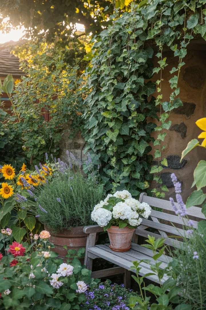 Ein blühender Garten mit duftenden Pflanzen in sonniger Umgebung: immergrüne Formpflanzen, pflegeleichte Dickblättrige, winterharte Kräuter und farbenfrohes Laub schaffen eine einladende Atmosphäre.