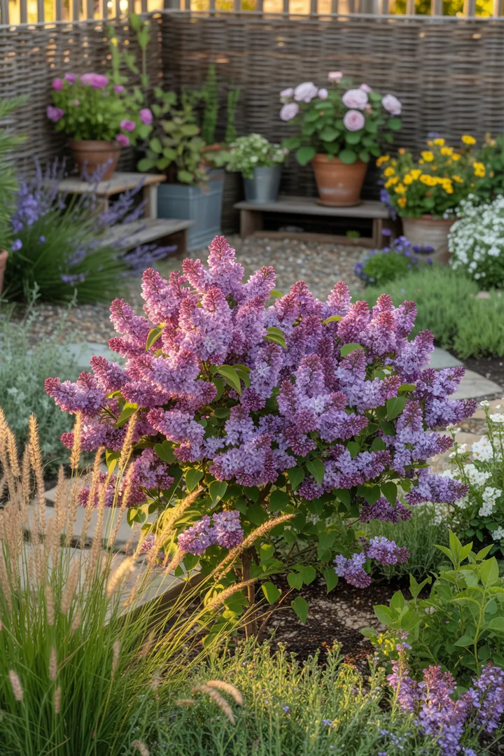 Bunt blühende Gartenlandschaft mit duftenden Pflanzen, darunter immergrüne Formsträucher, pflegeleichte Sukkulenten und winterharte Kräuter. Farbiges Laub und kompakte Koniferen sorgen für lebendige Akzente in dieser sonnigen Oase.