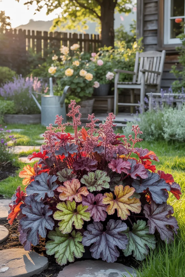 Ein lebendiger Garten mit duftenden Pflanzen: sonnige Lavendelfelder, immergrüne Buchsbaumhecken, pflegeleichte Fetthennen und winterharter Thymian umrahmen farbenfrohe Heuchera und blühfreudige Zwergflieder. Rankender Efeu und kompakte Mini-Koniferen schaffen eine harmonische Kulisse, während winterblühende Hornveilchen und robuste Bergenien dem Garten zusätzlichen Charme verleihen
