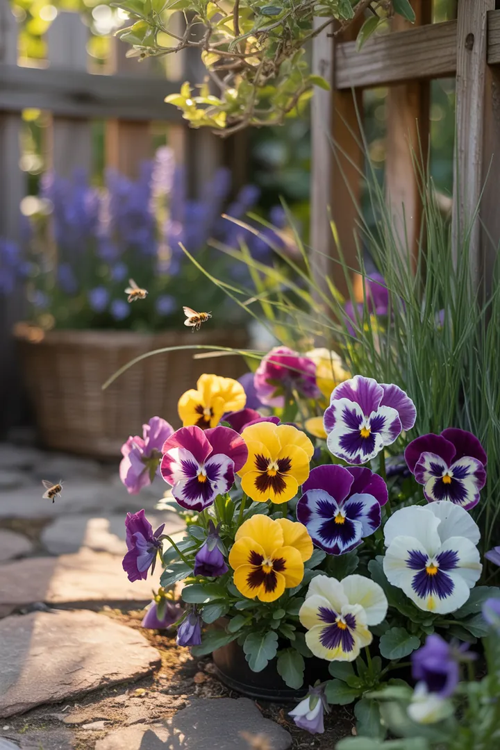 Ein farbenfrohes Gartenarrangement mit duftenden Pflanzen, darunter kompakte, immergrüne Formen und pflegeleichte Arten. Verschiedene blühende Sorten und winterharte Kräuter schaffen eine lebendige, natürliche Atmosphäre.