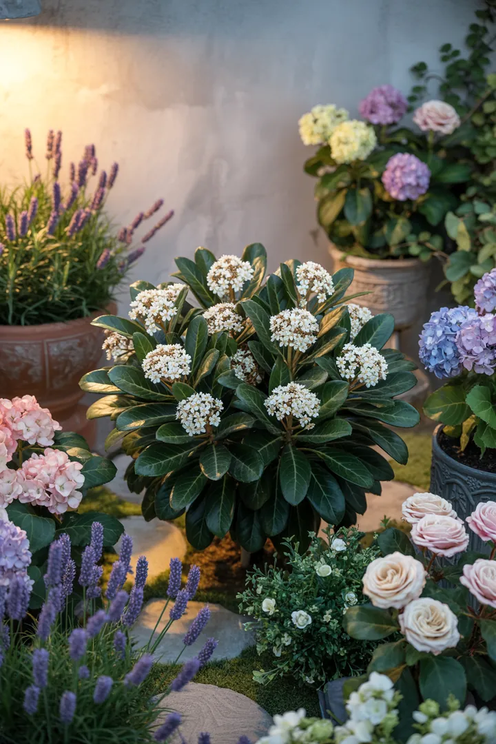 Ein blühender Garten mit duftenden Pflanzen: Lavendel und Thymian harmonieren mit immergrünen Buchsbaum und rankendem Efeu. Bunte Polsterphlox und robustes Bergenie sorgen für farbenfrohe Akzente, während kleine Mini-Koniferen und winterblühende Hornveilchen das Gesamtbild abrunden.