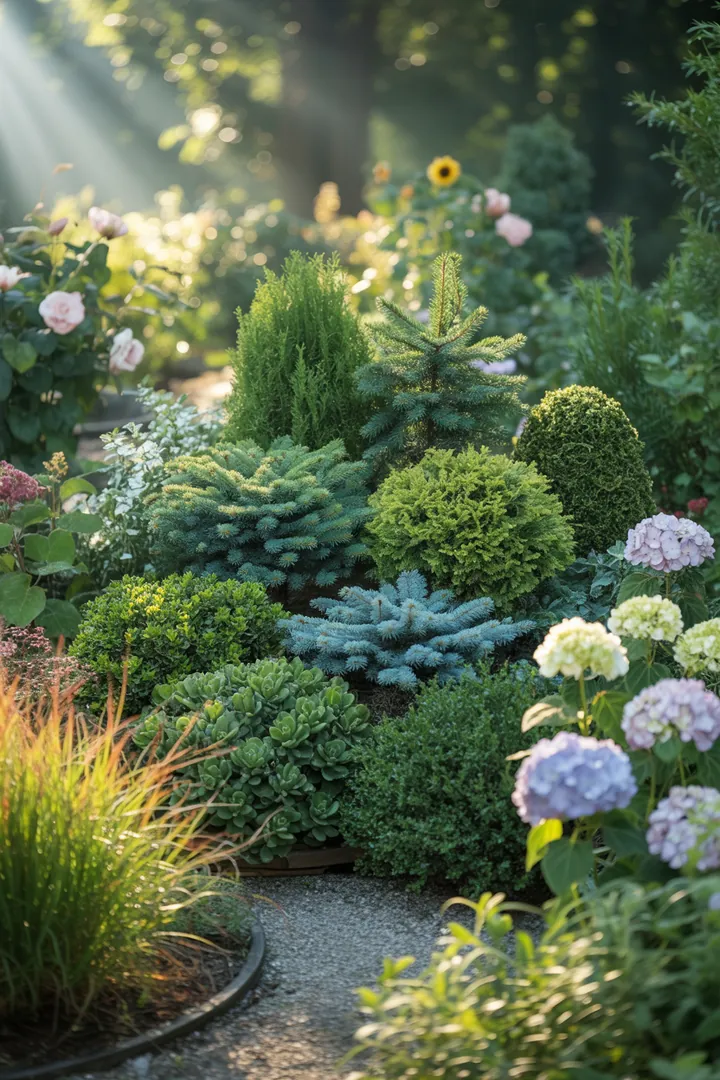 Bunt blühende Gartenlandschaft mit duftenden Pflanzen, darunter kompaktes Immergrün und pflegeleichte, dickblättrige Gewächse, die winterliche Stimmung verbreiten. Farbiges Laub und fröhliche Blüten sorgen für ein lebendiges Ambiente.