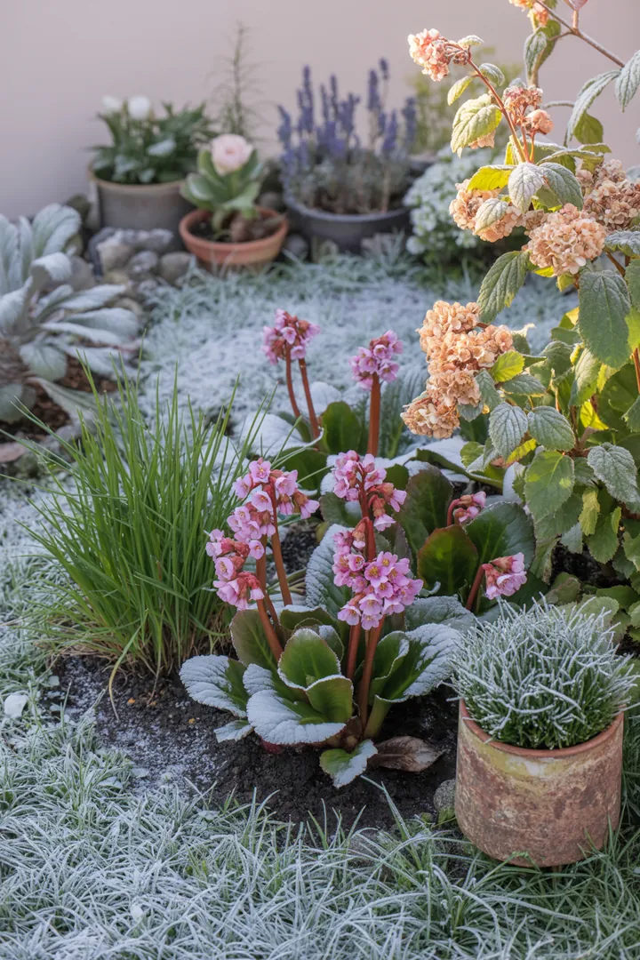 Ein blühendes Gartenarrangement mit duftenden Pflanzen: sonnige Lavendelsträuche, immergrüne Buchsbäume und pflegeleichte Fetthennen. Winterharter Thymian ergänzt die Farbenpracht, während rankender Efeu für einen natürlichen Look sorgt. Kleine, blühfreudige Zwergflieder und farbenfrohe Heuchera stehen in harmonischem Zusammenspiel mit winterblühenden Hornveilchen und duftenden Skimmia