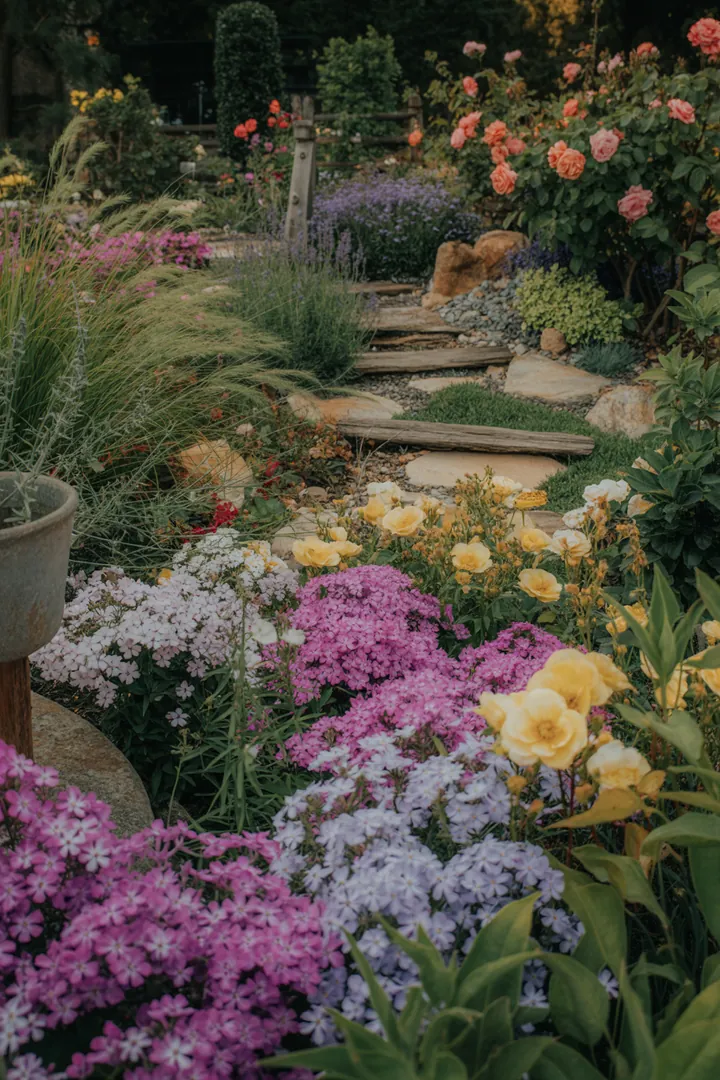 Ein blühendes Gartenbeet mit duftenden Pflanzen, darunter immergrüne Formsträucher und pflegeleichte, dickblättrige Gewächse. Farbige Blätter und winterblühende Blumen schaffen eine lebendige Atmosphäre in einem sonnigen, einladenden Raum.