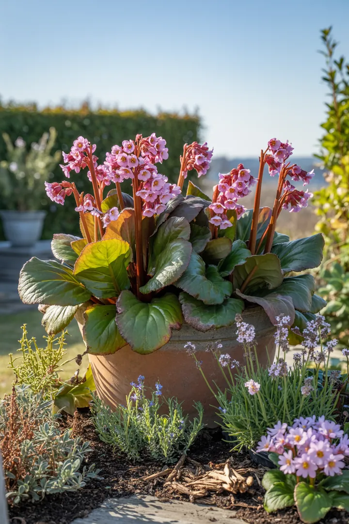 Ein malerischer Garten mit duftenden Pflanzen: Immergrüne Formsträucher, pflegeleichte dickblättrige Arten, winterharte Kräuter und farbenfrohes Laub schaffen eine lebendige und harmonische Atmosphäre.