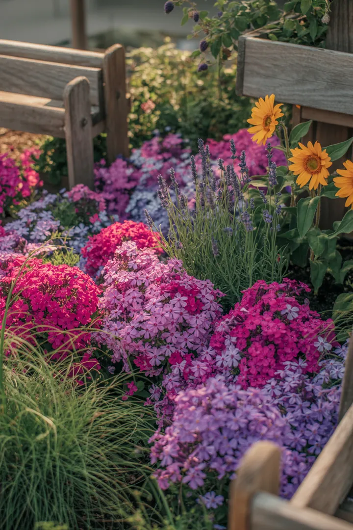 Bunte Gartenlandschaft mit duftenden Pflanzen, darunter immergrüne Formen und pflegeleichte Bodendecker. Kleine, blühfreudige Sträucher und winterharte Kräuter sorgen für ein harmonisches, farbenfrohes Gesamtbild.