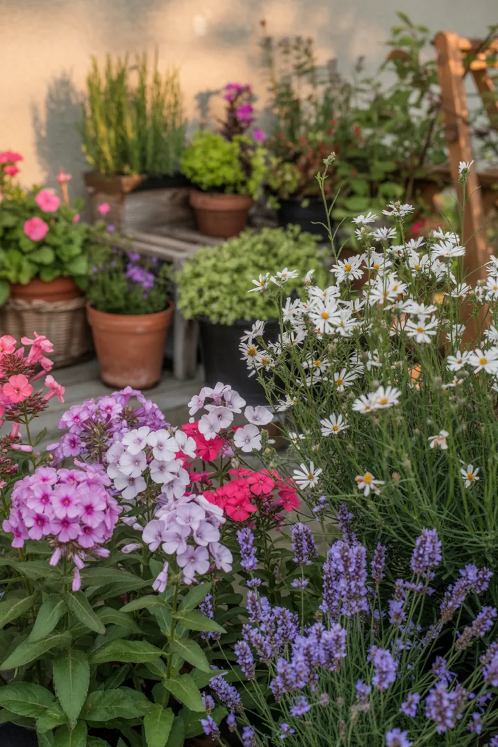 Ein blühender Garten mit duftenden Pflanzen: Lavendel und Thymian verleihen ein sonniges Flair, während immergrüne Formpflanzen wie Buchsbaum und Efeu Struktur bieten. Pflegeleichte Fetthenne und farbenfrohe Heuchera sorgen für lebendige Akzente, ergänzt durch den kleinwüchsigen, blühfreudigen Zwergflieder. Winterblühende Hornveilchen und frostharte Mini-Koniferen runden