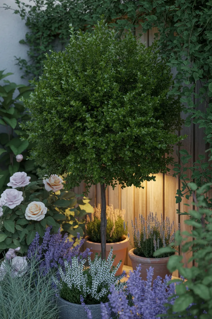 Blühender Garten mit duftenden Pflanzen: sonniger Bereich mit immergrünen Formen, pflegeleichten Sukkulenten und winterharten Kräutern. Farbenfrohes Laub und kompakte, frostharte Gewächse schaffen ein harmonisches Bild.