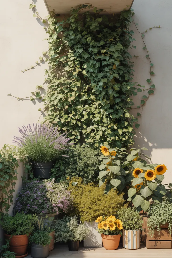 Ein bezaubernder Garten mit einer Vielzahl von Pflanzen, darunter duftende Lavendelbüsche, immergrüne Buchsbaumkugeln und pflegeleichte Fetthennen. Der Kräuterduft des Thymians mischt sich mit dem Anblick von buntem Laub der Heuchera. Rankender Efeu und kompakte Mini-Koniferen verleihen Struktur, während winterblühende Hornveilchen und blühfreudige Zwergflieder für Far