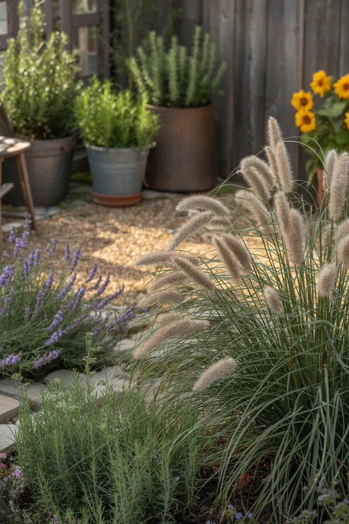 Elegante Gräser in harmonischer Anordnung, darunter hoch wachsendes Gewächs, strukturgebendes Gräsermeer und dekorative Pflanzen mit farbenfrohem Herbstlaub. Wintergrüne Sorten und schattenverträgliche Arten bieten Vielfalt in der Landschaft.