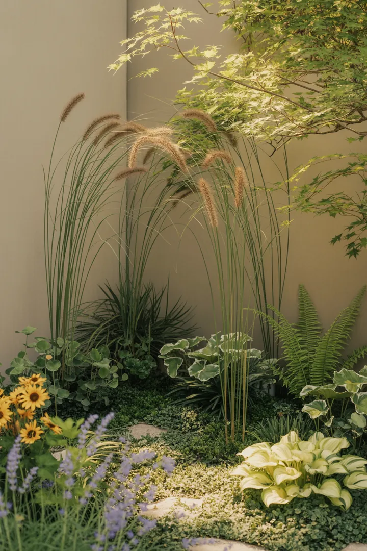 Elegante Gräser in verschiedenen Höhen und Strukturen, darunter wintergrüne Sorten und solche mit farbenfrohem Herbstlaub, schaffen eine harmonische und dekorative Landschaft.