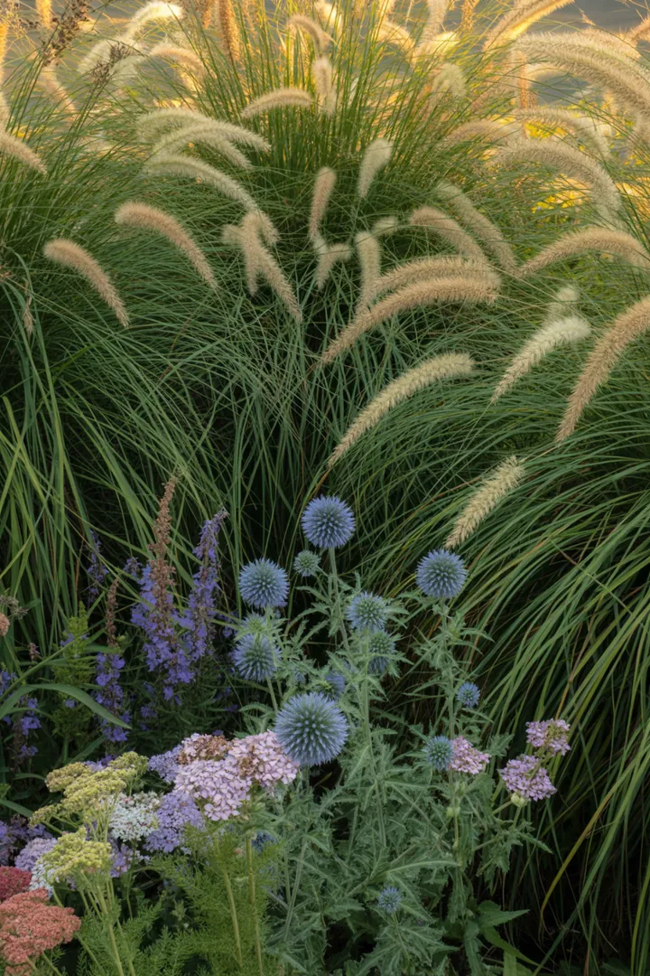 Ein harmonisches Arrangement von verschiedenen Gräsern mit unterschiedlichen Höhen und Texturen, die eine elegante und strukturgebende Landschaft schaffen, ideal für herbstliche Akzente und schattige Bereiche.