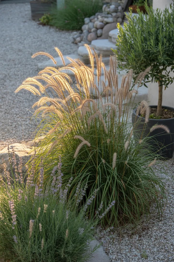Elegante, hochwachsende Gräser in einem Garten präsentieren eine harmonische Mischung aus Struktur und Farbe, perfekt für dekorative Akzente und winterliche Präsenz.