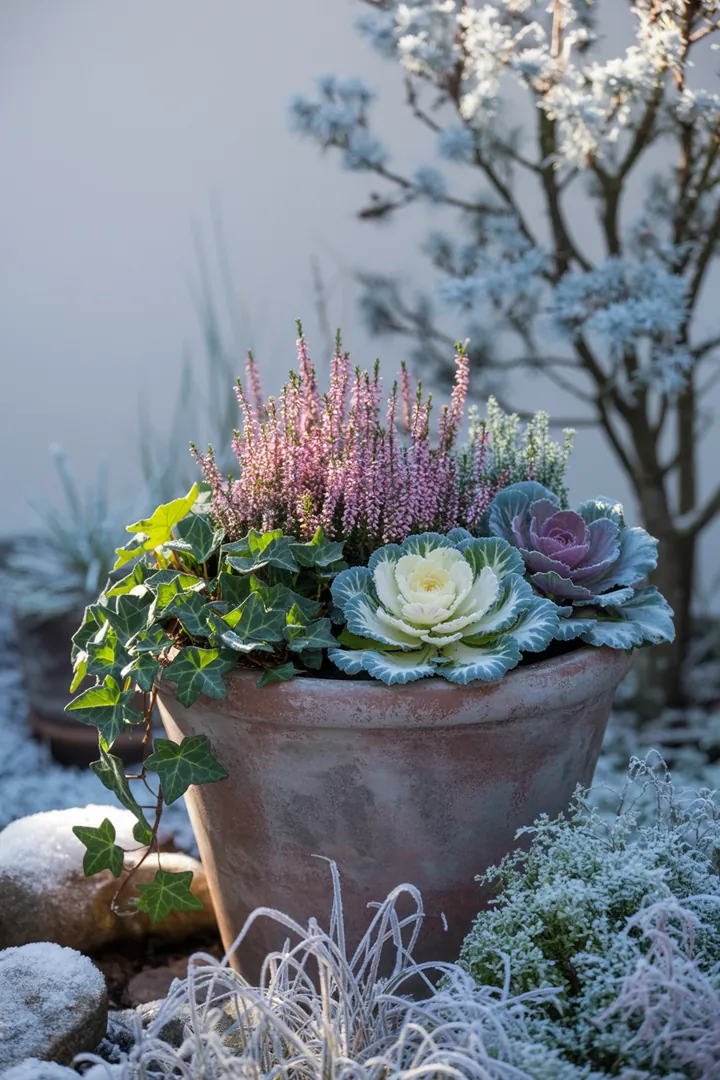 Eine harmonische Gräserlandschaft mit hochwachsenden Pflanzen, die elegant und strukturiert wirken, während farbenfrohes Laub und wintergrüne Arten die Szenerie bereichern.