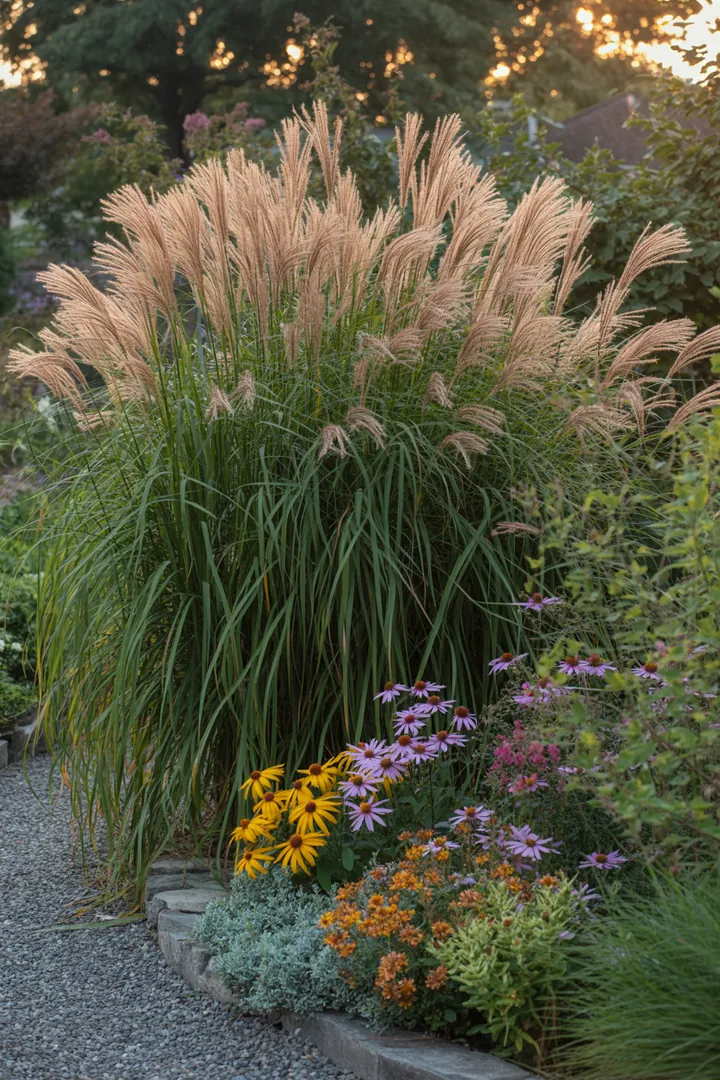 Ein harmonisches Arrangement von verschiedenen Gräsern, darunter hochwachsende, elegante Arten mit feinen Strukturen und dekorativen, farbenfrohen Blättern, die ein ansprechendes und natürliches Herbstbild erzeugen. Ideal für schattige Plätze und als strukturelle Akzente.
