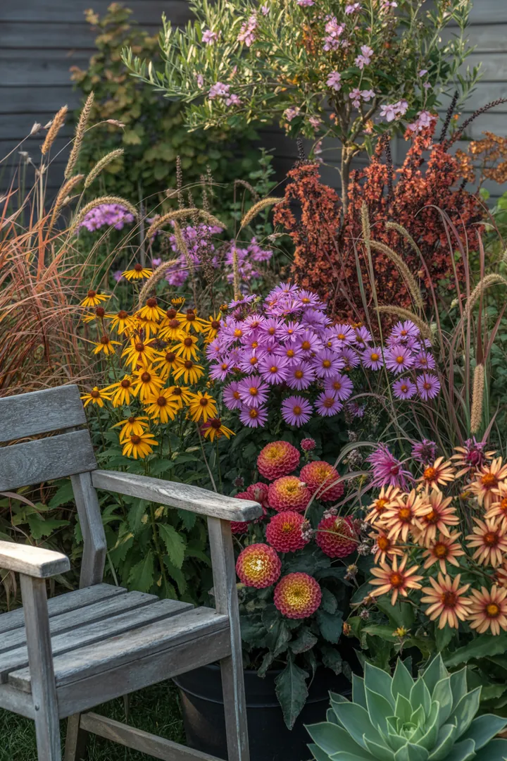 Ein harmonisches Zusammenspiel von hohen, eleganten Gräsern und strukturgebenden Pflanzen in einem herbstlichen Garten, der durch farbiges Laub und winterfeste Sorten besticht.