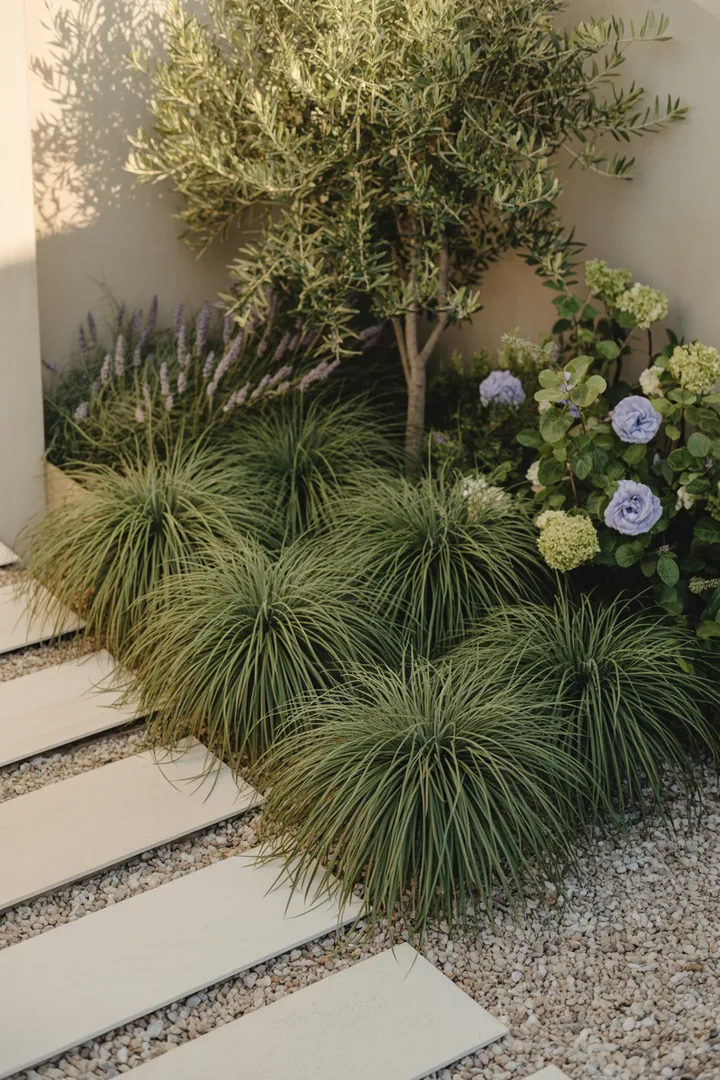 Elegante, hochwachsende Gräser in einem üppigen Garten, darunter strukturgebendes Reitgras und dekoratives Lampenputzergras, umgeben von farbenfrohem Herbstlaub und wintergrünen Pflanzen.
