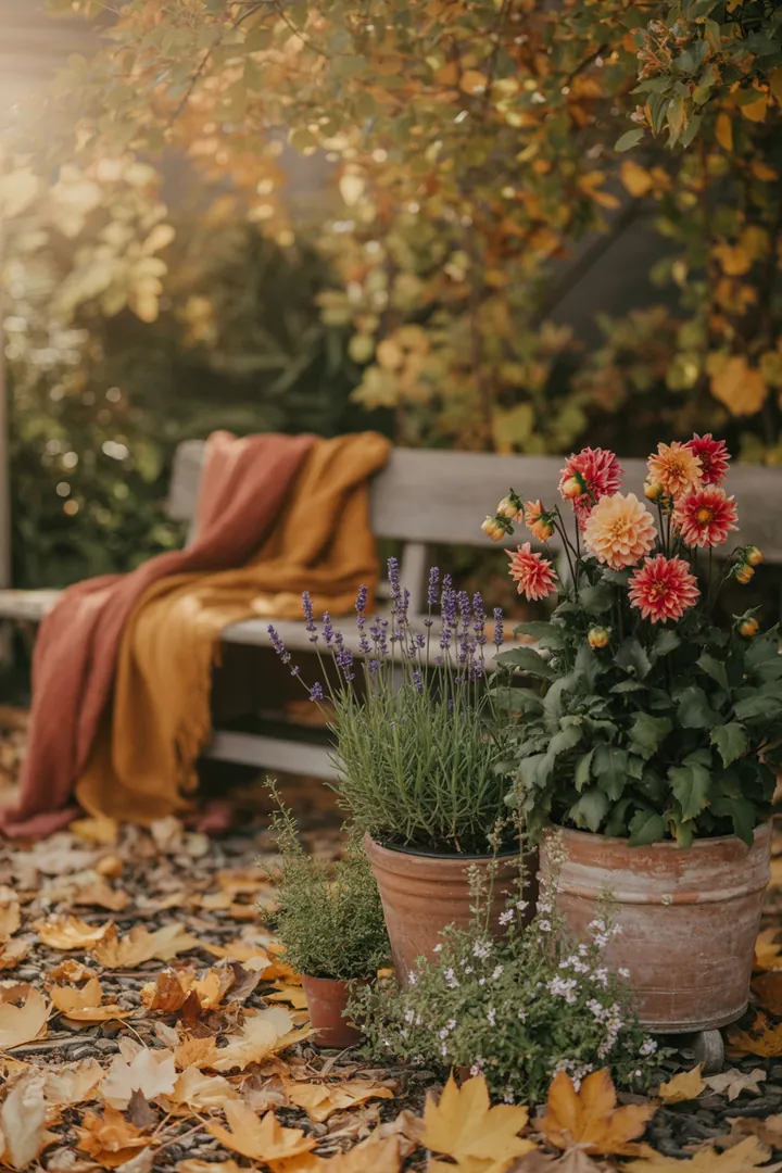 Eine harmonische Gartenlandschaft mit verschiedenen Gräsern, die hoch und elegant sowie strukturiert und dekorativ wirken. Farbige Blätter im Herbst und kompakte, winterfeste Pflanzen schaffen ein ansprechendes Gesamtbild.