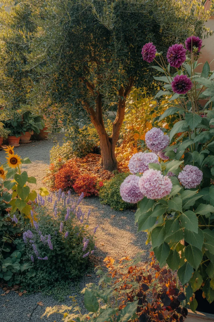 Elegante Gräser in verschiedenen Höhen und Strukturen, die eine lebendige Herbstlandschaft gestalten und schattige Bereiche aufwerten.