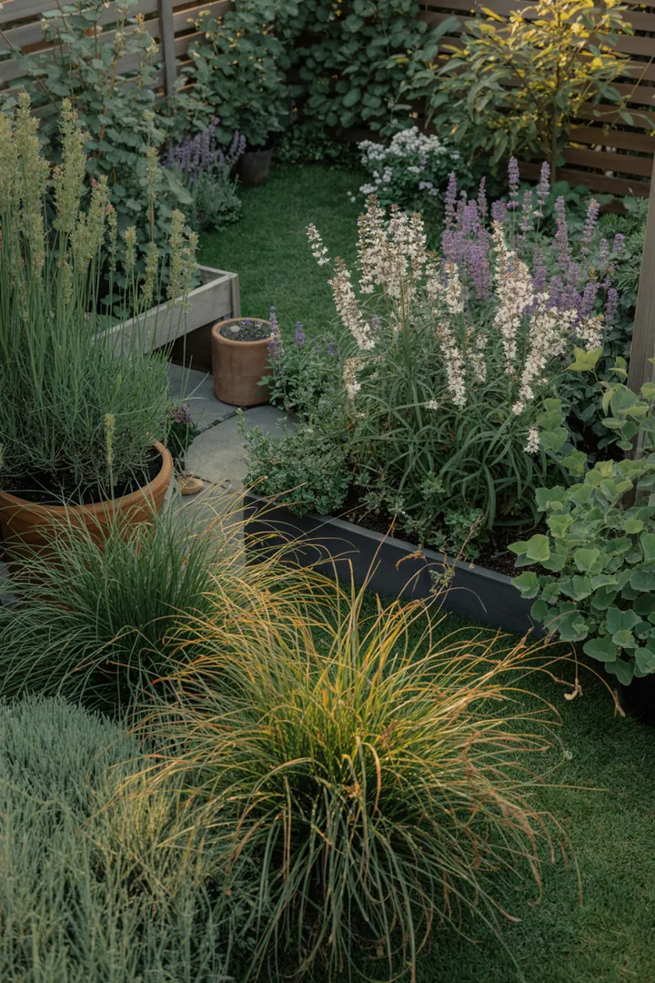 Elegante Gräser in verschiedenen Höhen, die eine harmonische Landschaft bilden, mit herbstlichen Farbtönen und feinen Strukturen, ideal für naturnahe Gärten.