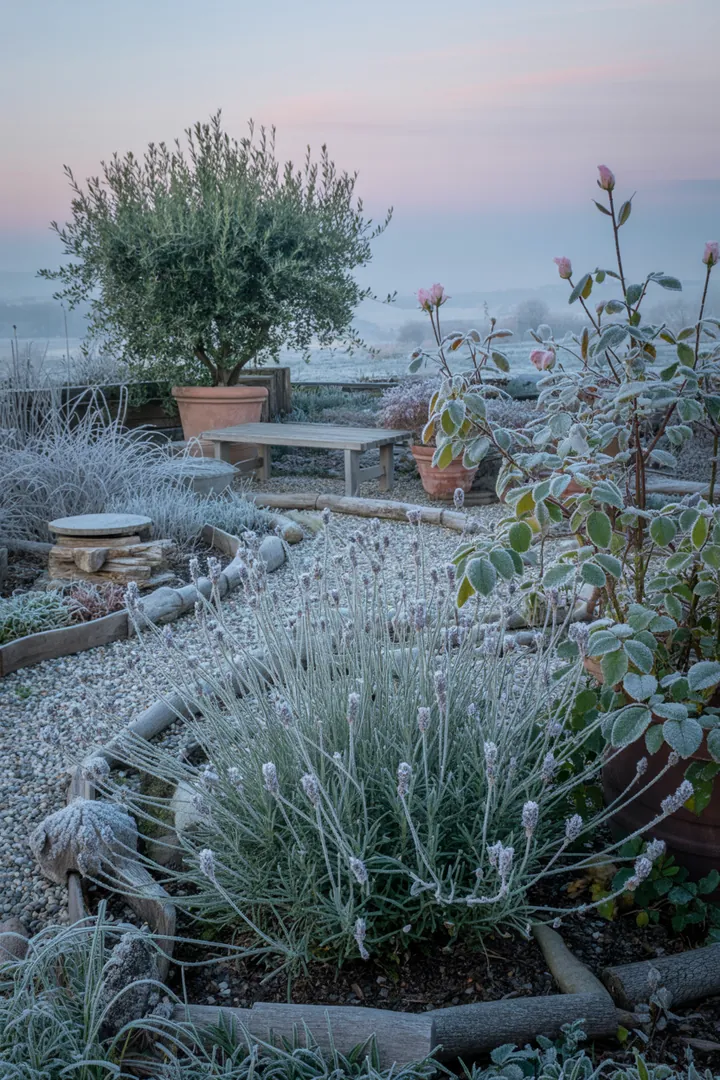 Ein eleganter Garten mit hochwachsenden Pflanzen, darunter feine Gräser und strukturgebende Arten. Farbige Blätter im Herbst und wintergrüne Bodendecker schaffen eine harmonische, natürliche Atmosphäre.