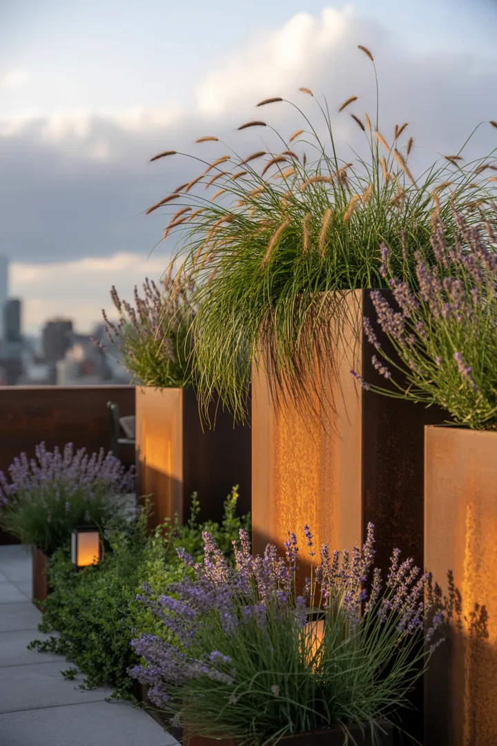 Ein harmonisches Ensemble von Gräsern in verschiedenen Höhen und Strukturen, das elegante, farbenfrohe Herbstnuancen und wintergrüne Eigenschaften kombiniert, ideal für natürliche Gärten und schattige Bereiche.