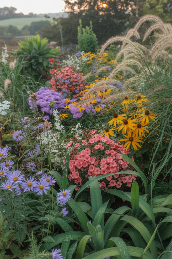 Ein harmonisches Arrangement aus verschiedenen Gräsern, das durch seine elegante Höhe und Struktur besticht, zeigt lebendige Farben und eine ansprechende Vielfalt, ideal für naturnahe Gärten.