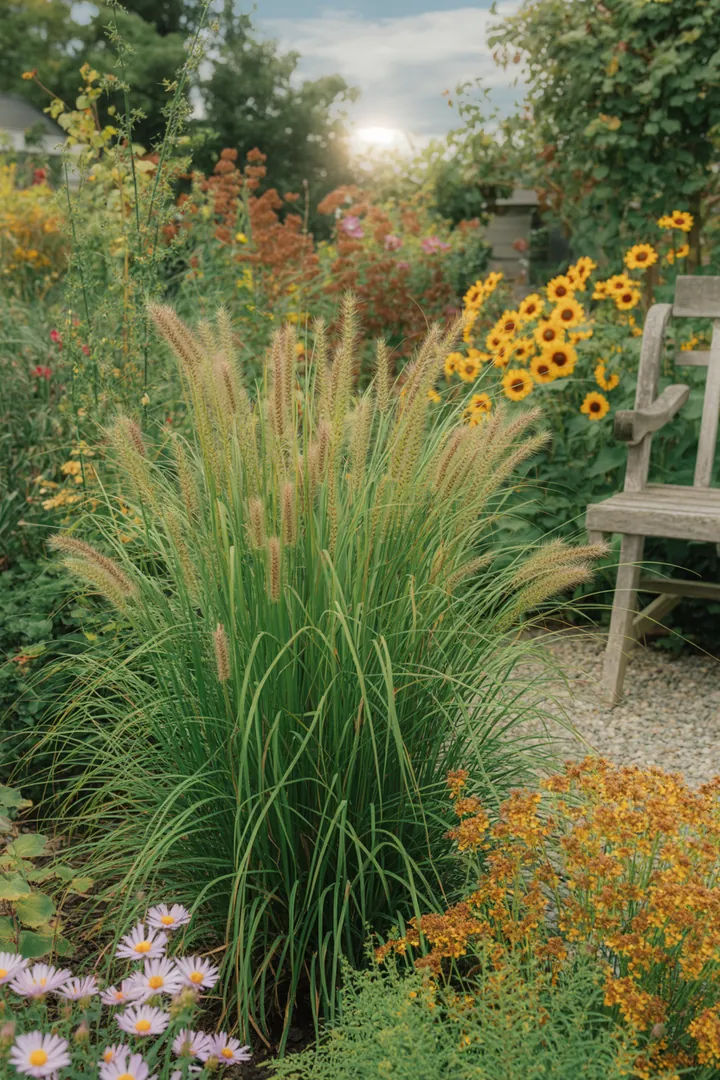Bild eines üppigen Gartenbereichs mit verschiedenen Gräsern, die durch ihre Höhe und Eleganz bestechen. Die Arrangement bietet eine harmonische Mischung aus strukturgebenden und dekorativen Pflanzen, die ein farbenfrohes Herbstbild schaffen und auch in den Wintermonaten ansprechend bleiben.
