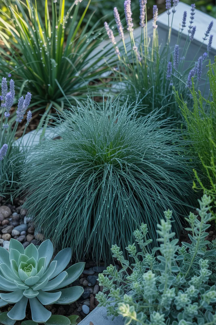 Ein stilvoller Garten mit verschiedenen Gräsern, darunter hohe, elegante Pflanzen und strukturgebende Sorten, die herbstliche Farben und winterliche Stabilität bieten.