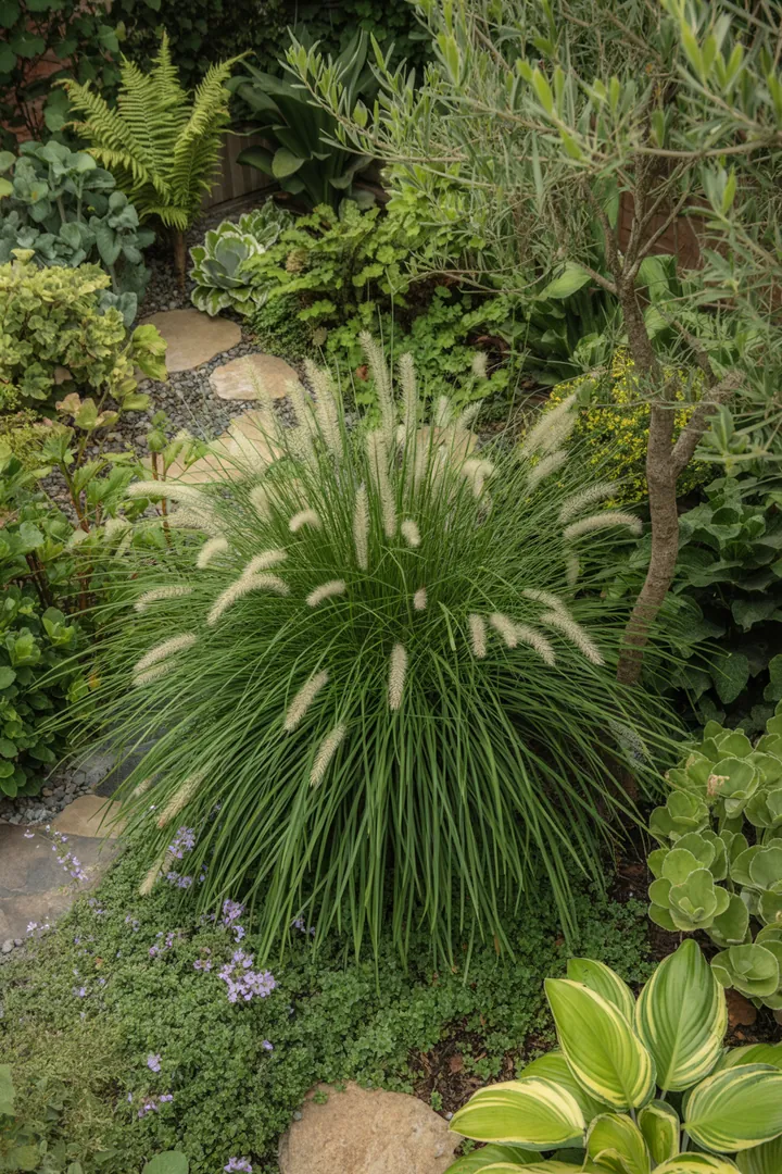 Elegante Gräser und Pflanzen bilden eine harmonische Komposition, die durch hohe, schlanke Halme und dekorative Blütenstände besticht. Die herbstlichen Farbnuancen verleihen dem Arrangement eine lebendige Ausstrahlung.