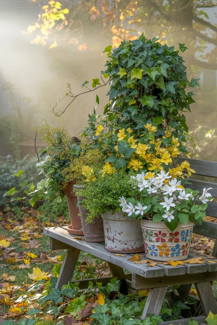 Vielfältige Pflanzenarrangements mit immergrünen, formbaren Arten und duftenden Blüten in bunten Farben, ideal für pflegeleichte Gärten und winterliche Akzente.