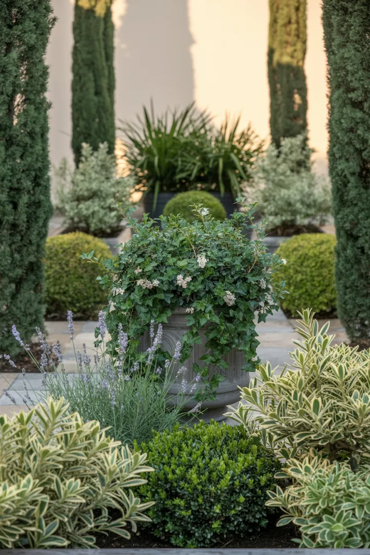 Ein üppiges, mehrfarbiges Beet mit verschiedenen immergrünen Pflanzen, das Struktur und Farbe bietet. Die Kombination aus roten Trieben, duftenden Blüten und kompakt wachsenden Arten sorgt für ganzjährige Schönheit und Pflegeleichtigkeit.