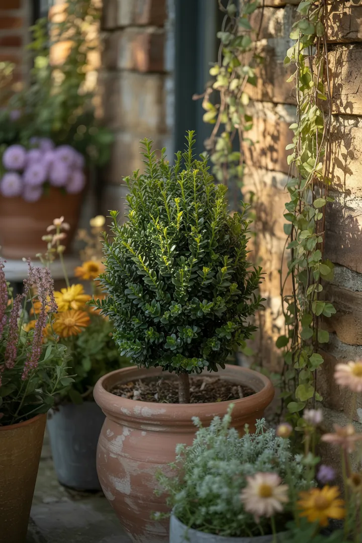 Eine üppige, vielfältige Pflanzenanordnung mit immergrünen Sträuchern, duftenden Blüten und buntem Laub, ideal für Gärten und Landschaften.