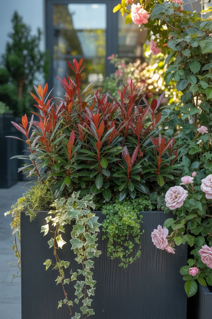 Vielfältige Pflanzenarrangements mit immergrünen, formbaren Arten und attraktiven roten Trieben, ergänzt durch duftende, kompakte Sorten und pflegeleichte Alternativen, die in schattigen Bereichen gedeihen.